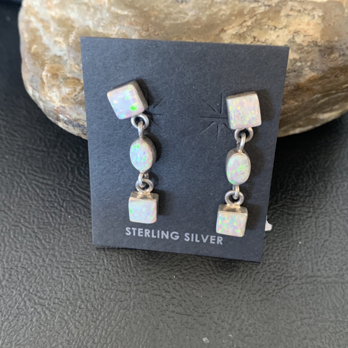 Womens White Opal Inlay Navajo Sterling Silver Dangle Post Earrings 1" 12769