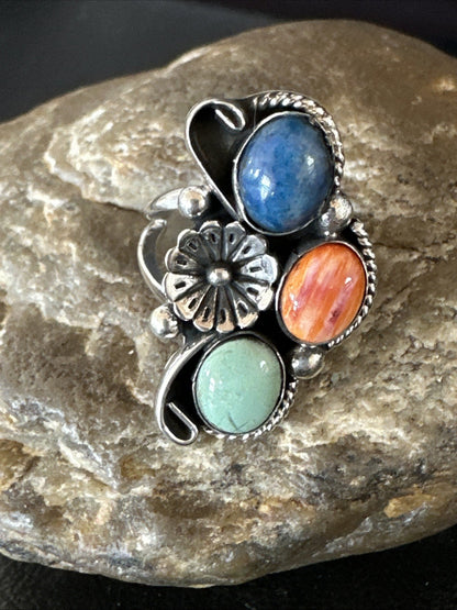 Multicolor Ring Turquoise Spiny Navajo Sterling Silver Cluster Size 9 19187