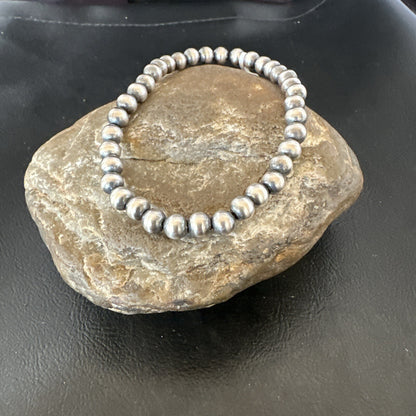 Native American 6mm Beads 8” Sterling Silver Stretch Beads Bracelet 99068
