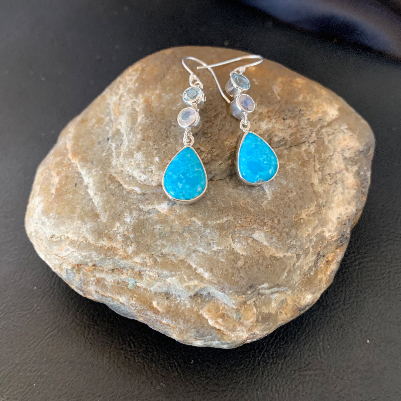 Blue Kingman Turquoise & Topaz Navajo Sterling Silver Dangle Earrings 11590