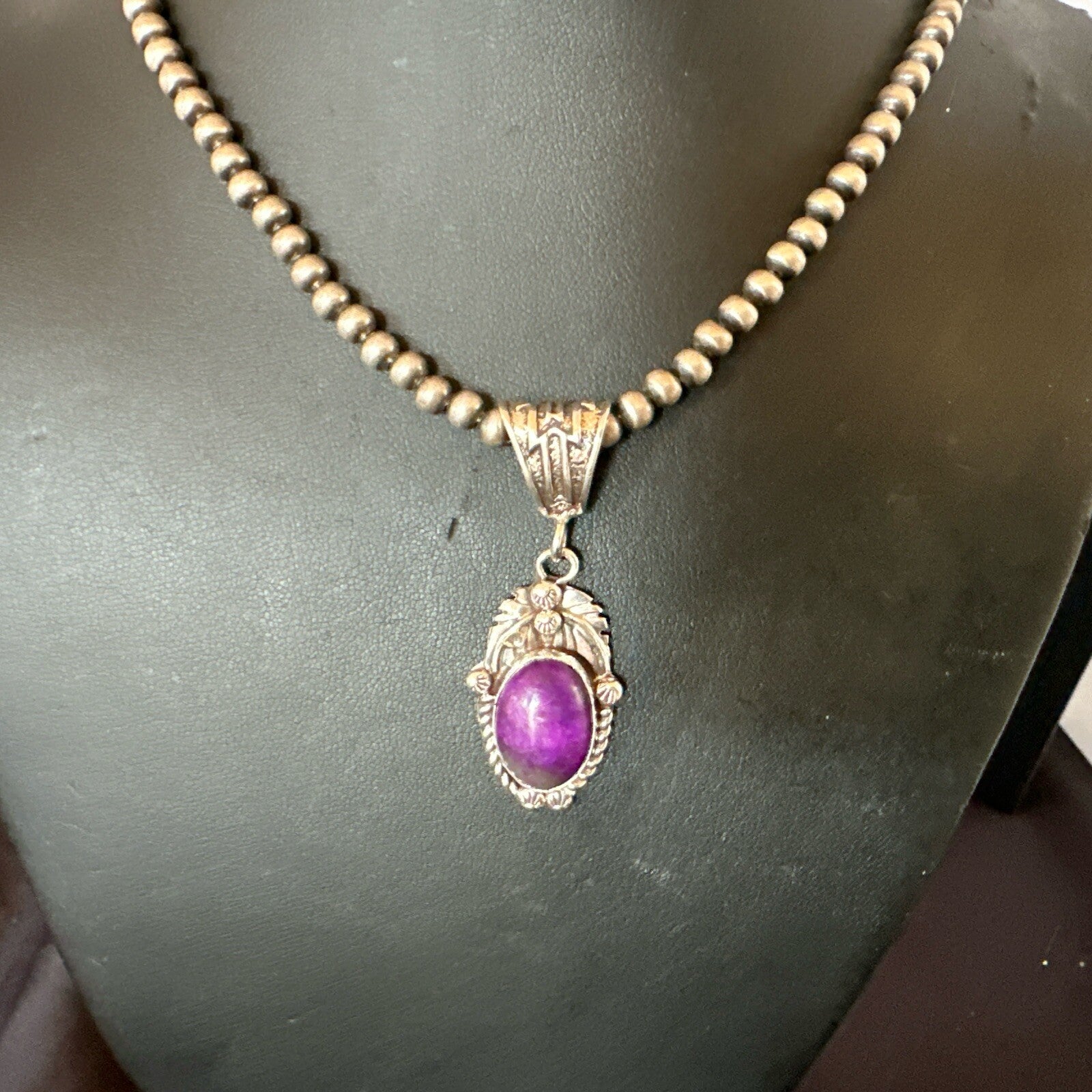 Purple Stone Pendant Sterling Silver Beads Necklace 20” 18048