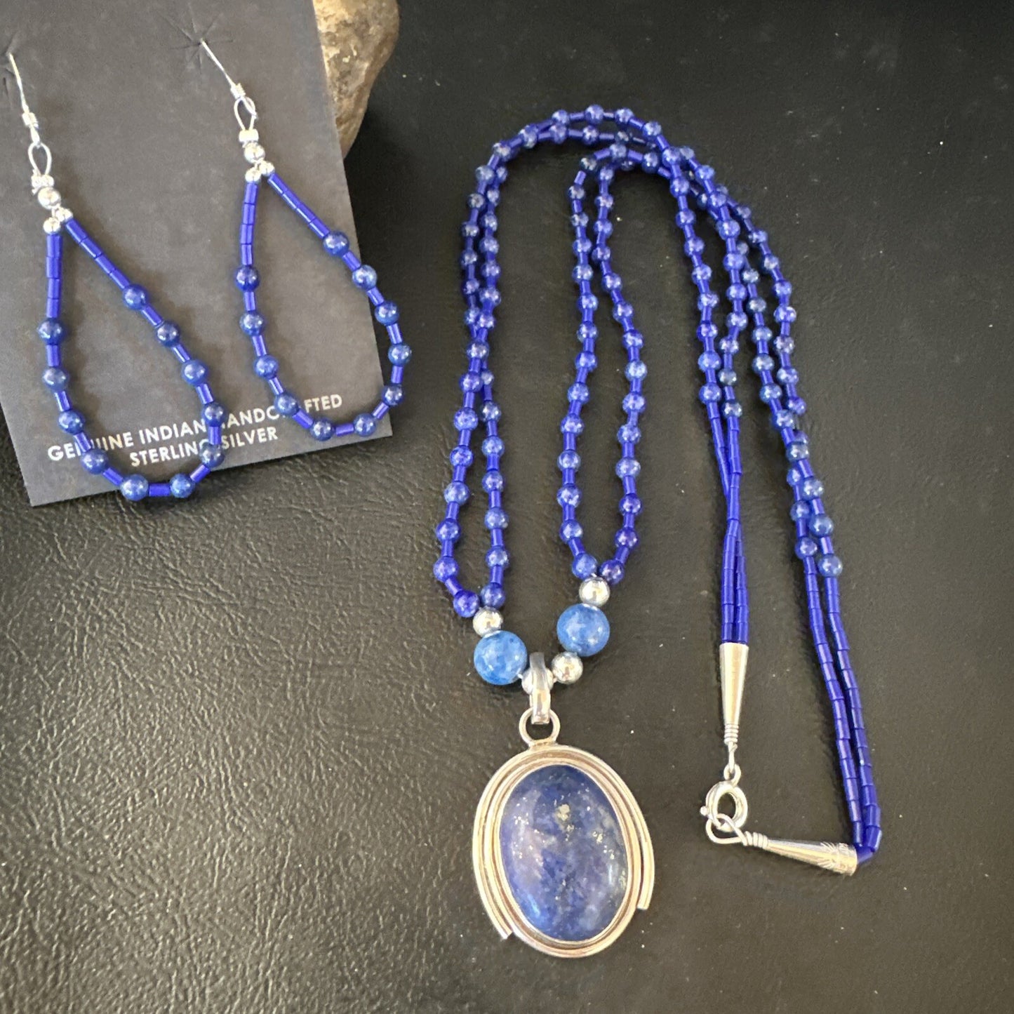 Sterling Silver Navajo Blue Lapis Mens Pendant Necklace Earrings 22” 15539