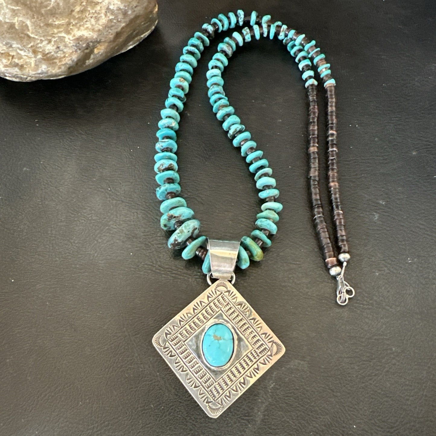Navajo Blue Turquoise Stamped Pendant Shell Sterling Silver 29” Necklace 19704