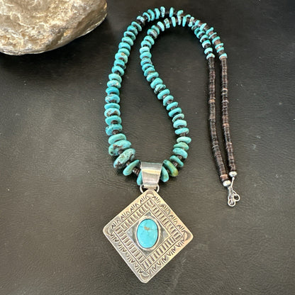 Navajo Blue Turquoise Stamped Pendant Shell Sterling Silver 29” Necklace 19704