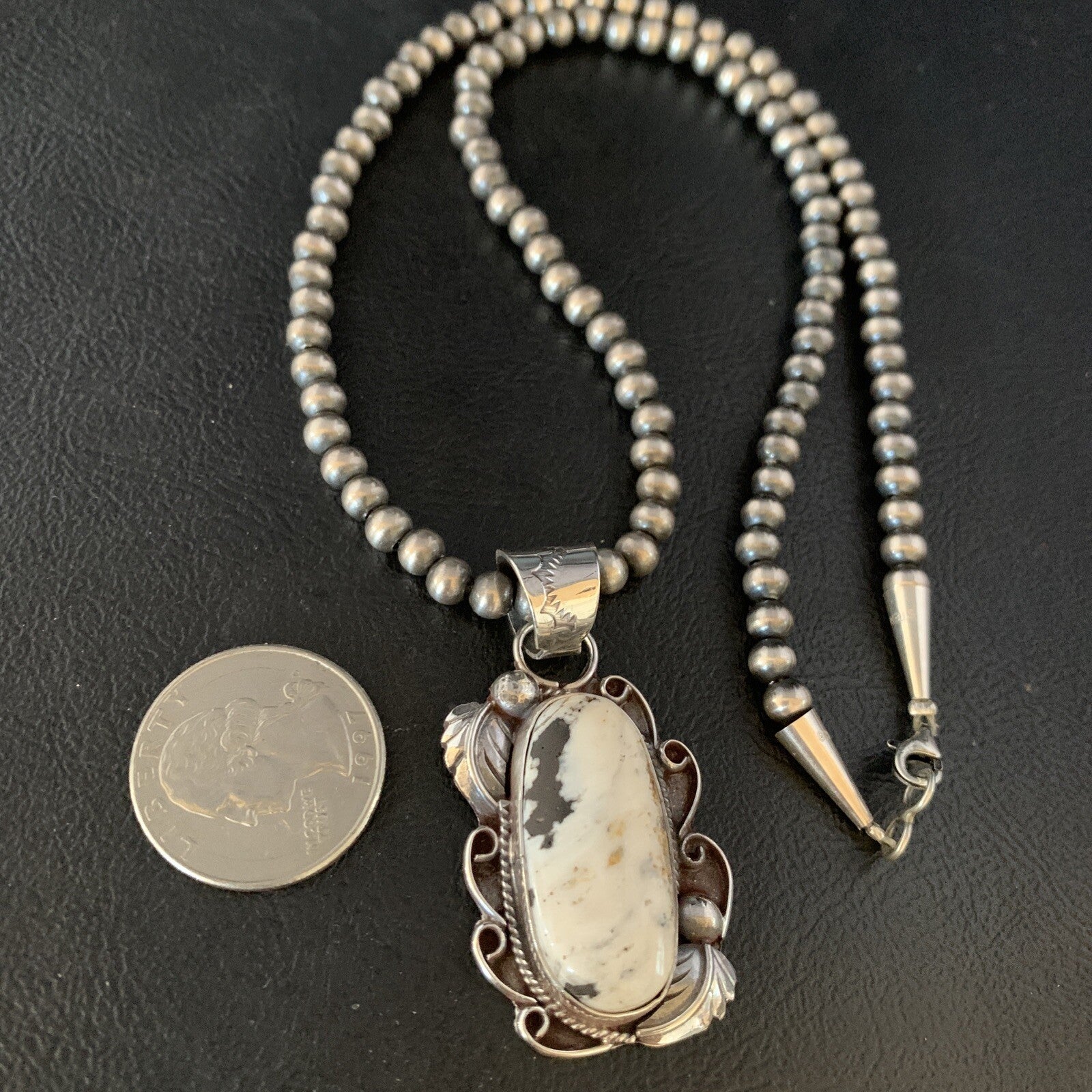 Mens Sterling Silver Beads White Buffalo Turquoise Necklace Pendant 20" 13666