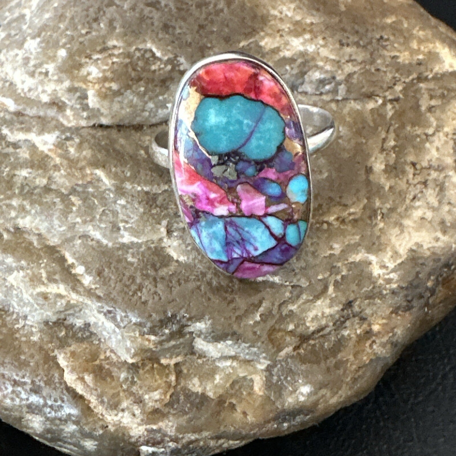 Blue Turquoise Spiny Oyster Southwestern Sterling Silver Ring Size 11 18450