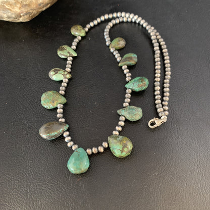 Green Turquoise Teardrop  Sterling Silver Beads Necklace 20" 13431