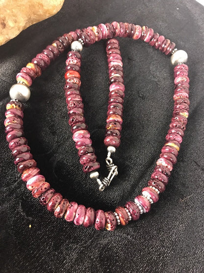 Purple Spiny Oyster 10 mm Bead Navajo Sterling Silver Beads Necklace 00409