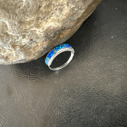 Blue Opal Navajo Sterling Silver Band Inlay Ring Size 7.5 19724