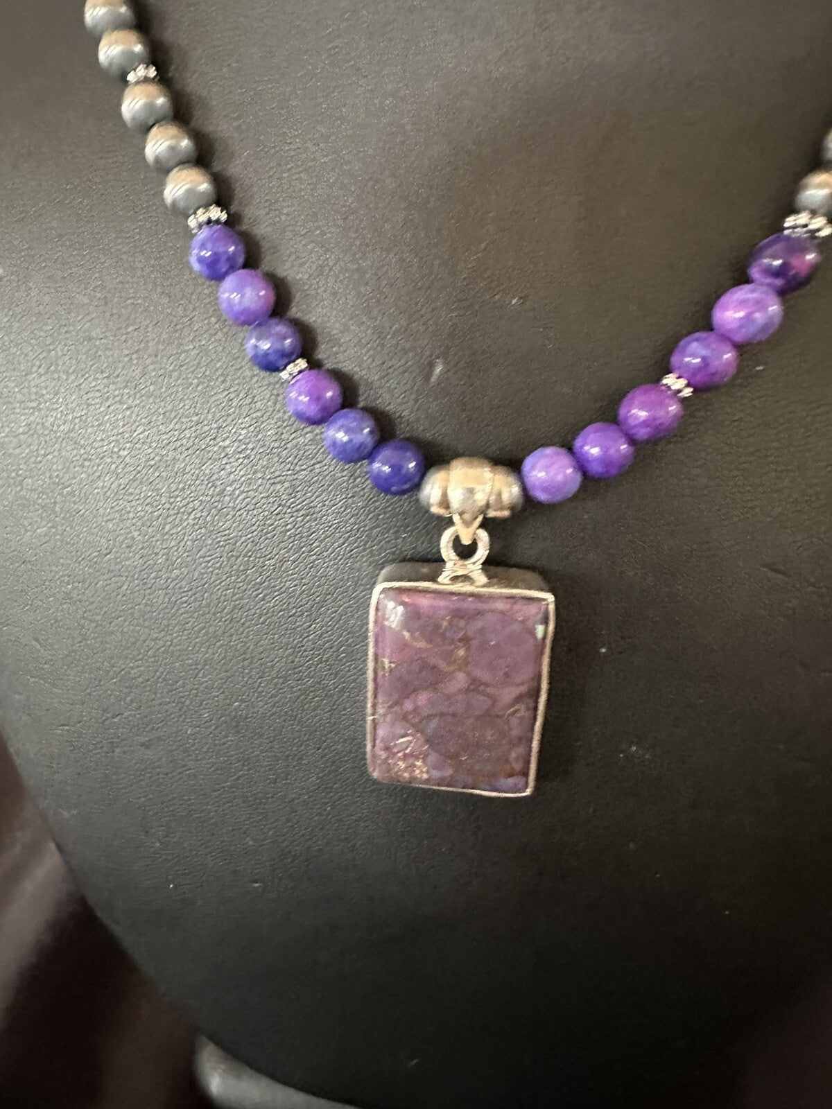 Purple Stone Turquoise Pendant Navajo Pearls Sterling Silver Necklace 18384