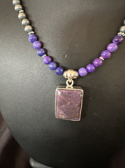 Purple Stone Turquoise Pendant Navajo Pearls Sterling Silver Necklace 18384