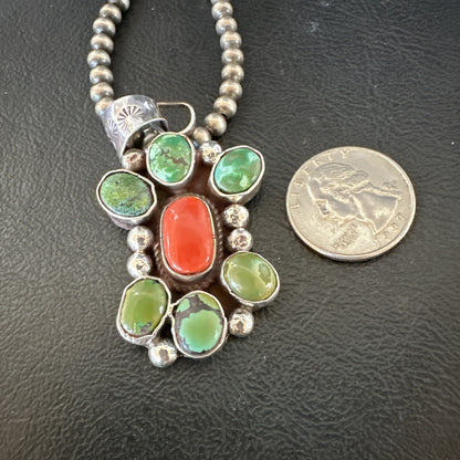 Navajo Sterling Cluster Red Turquoise Pendant Necklace 17714