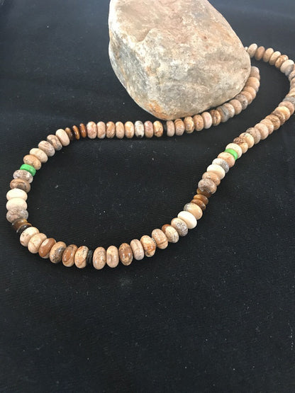 Turquoise Picture Jasper 10 mm Beads Mens Navajo Sterling Silver Necklace 03369