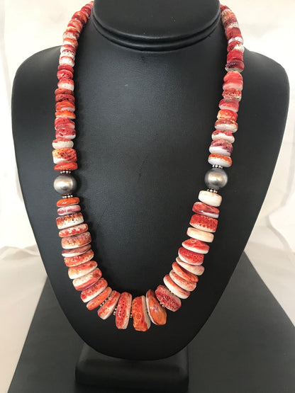 Native American Red Spiny Oyster Navajo Sterling Silver Necklace 08484