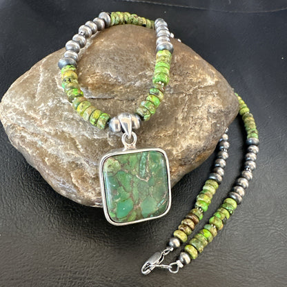 Womens Green Gaspeite Turquoise Pendant Navajo Sterling Silver Necklace 18368