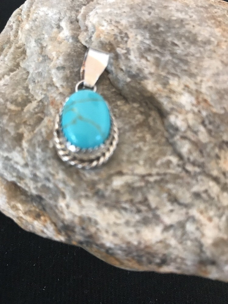 Blue Turquoise Navajo Sterling Silver Native American Pendant 1" 03162