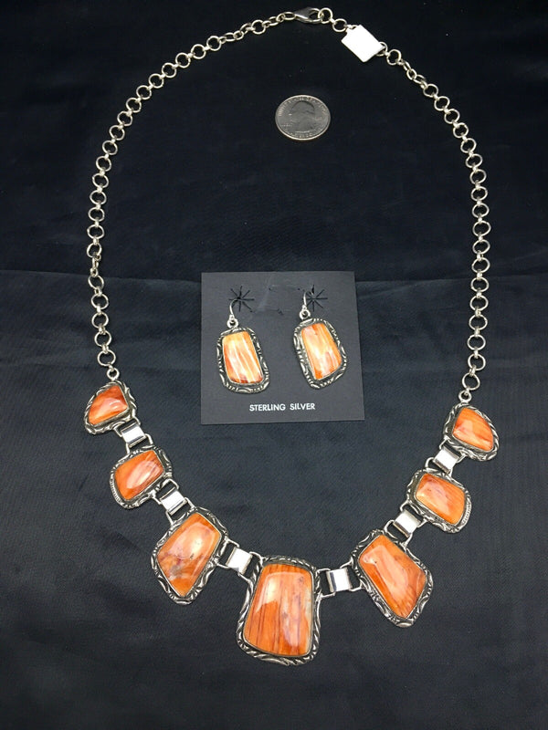 Orange Spiny Oyster Navajo Necklace Earring Set | Sterling Silver | Authentic Native American Handmade | 02691