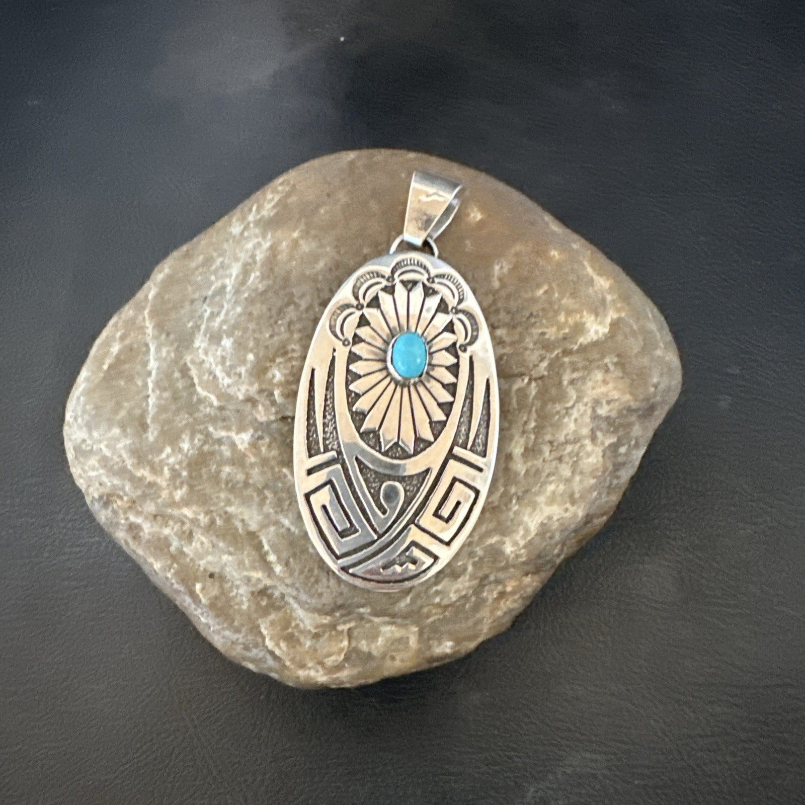 Hopi Native American Turquoise Pendant  Stamped Sterling Silver 2.5” 19686
