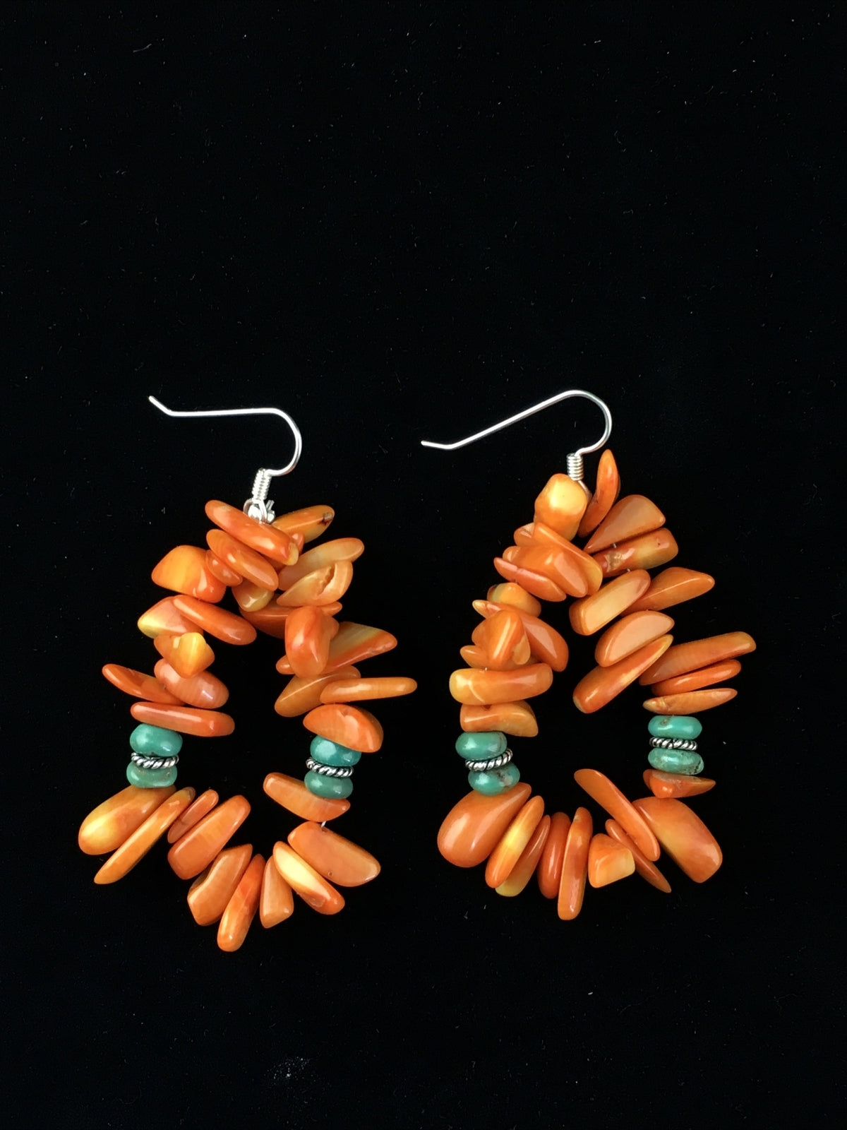 Orange Coral & Turquoise Navajo Sterling Silver Earrings 01776