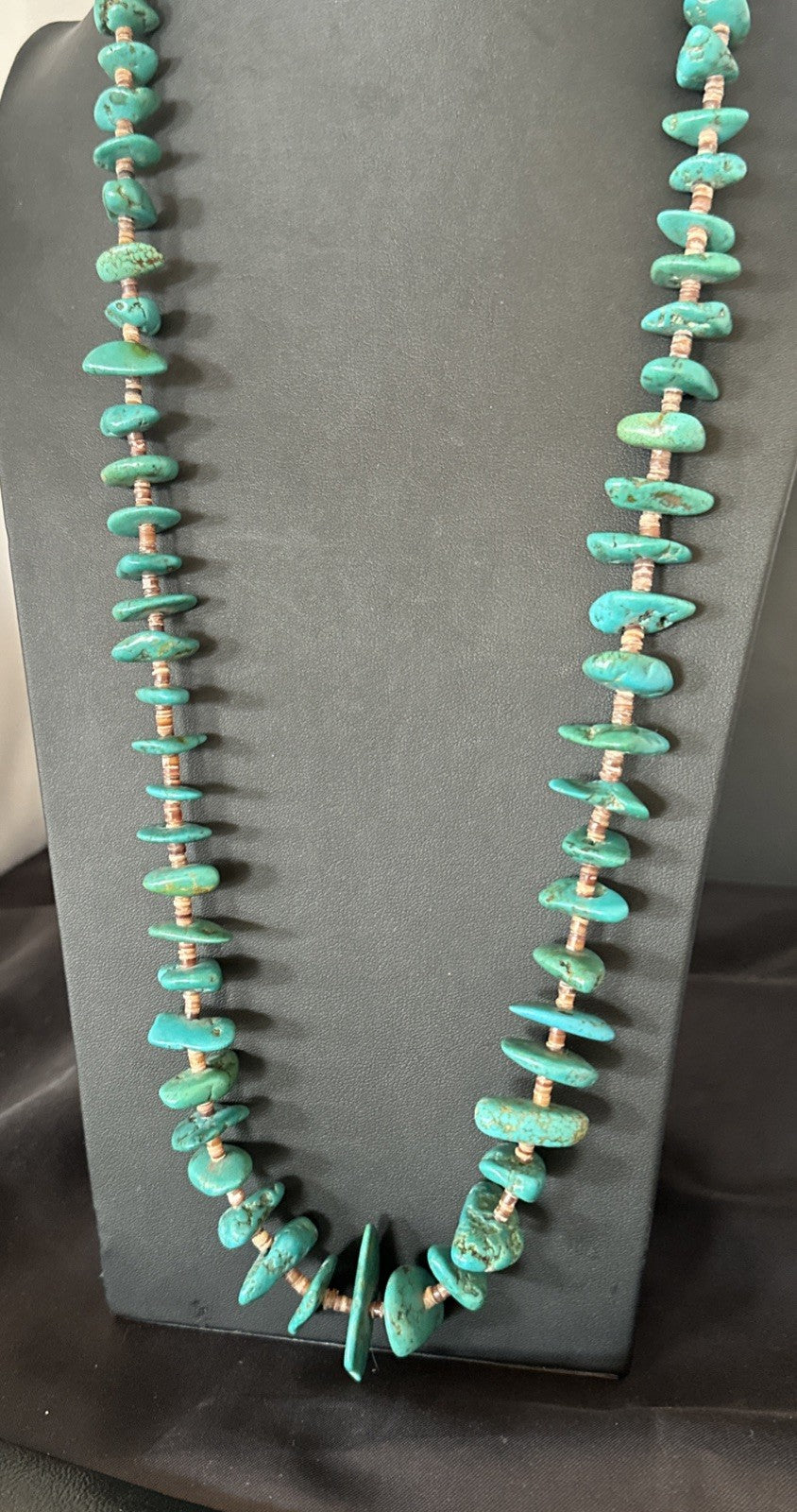 XL Navajo Kingman Turquoise Shell Heishi Sterling Silver Bead 35” Necklace 19634