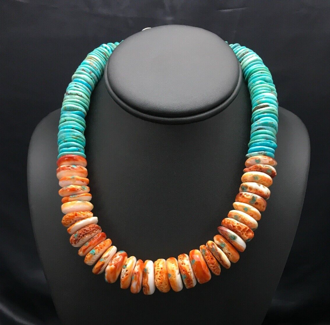 Spiny Oyster & Turquoise Graduated Sterling Silver Necklace 17" 03004