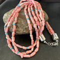 Turquoise Pink Coral 3 Strand Necklace 21" | Sterling Silver | Authentic Native American Handmade | 17815
