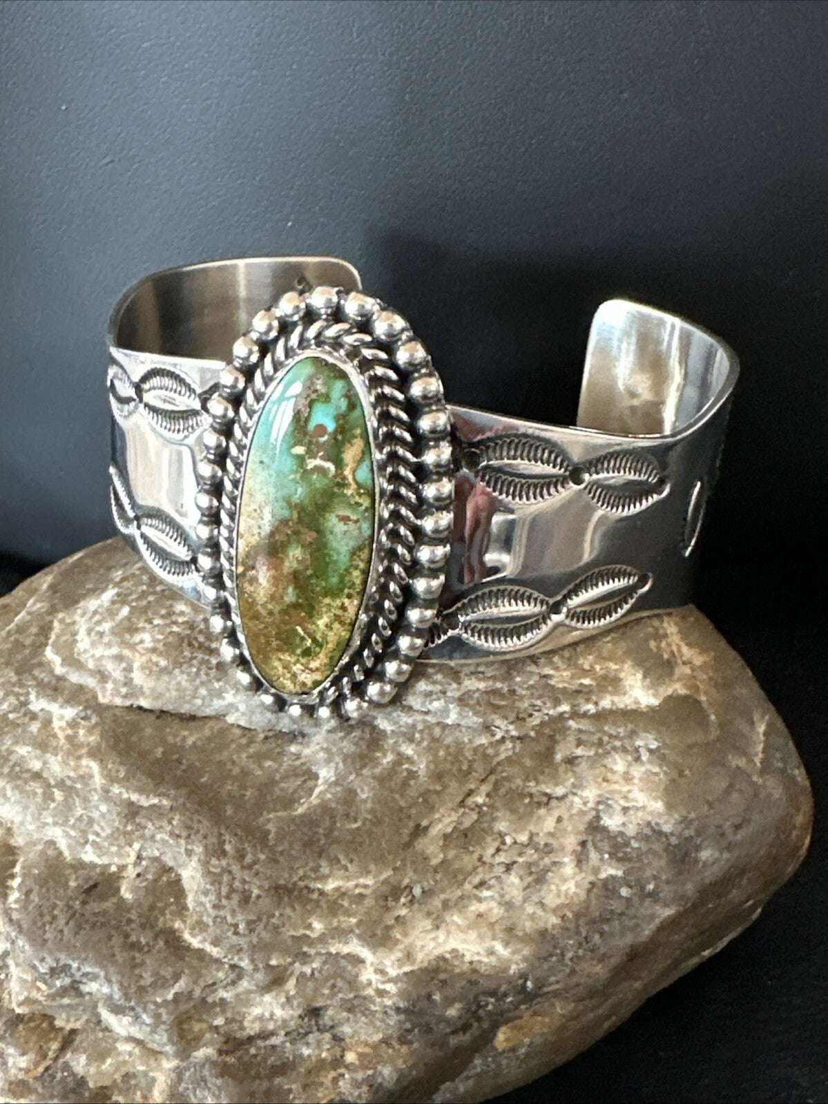 Navajo Green Royston TURQUOISE Stamped Sterling Silver Cuff Bracelet 18642