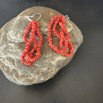 Native Red Real Coral Nugget Sterling Silver Dangle 2 Strand Earrings 2" 19347