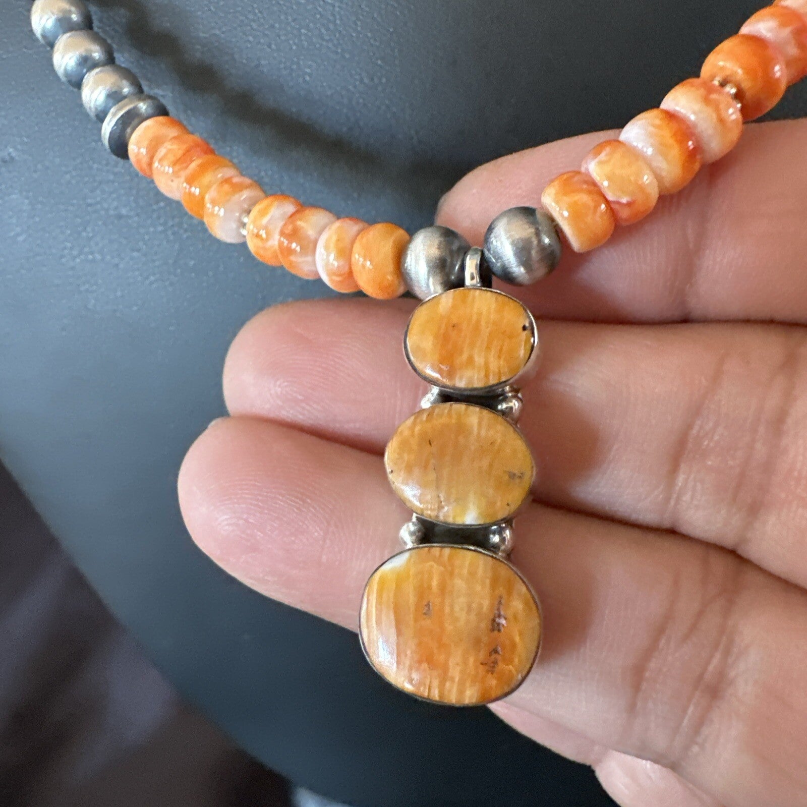 Navajo Pearls Sterling Silver Necklace Orange Spiny Oyster Pendant 20" 18264