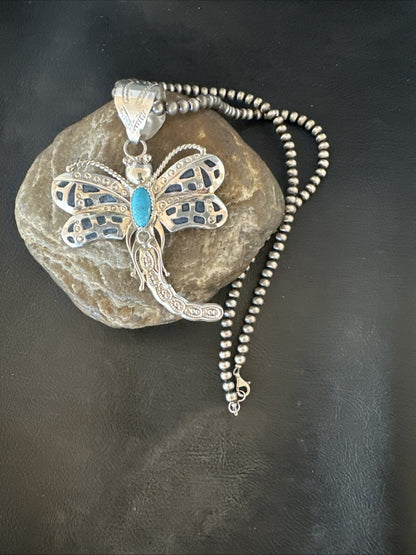 Navajo Dragonfly Blue Turquoise Sterling Silver Necklace Pendant 3" 18579