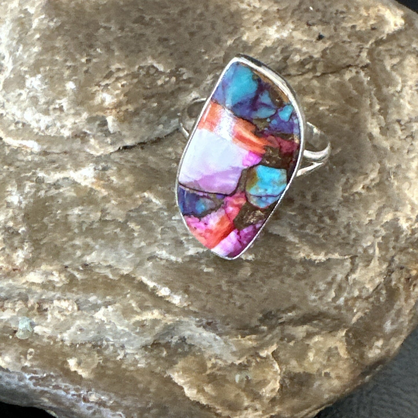 Blue Turquoise Spiny Oyster Navajo Sterling Silver Ring Size 8 18249