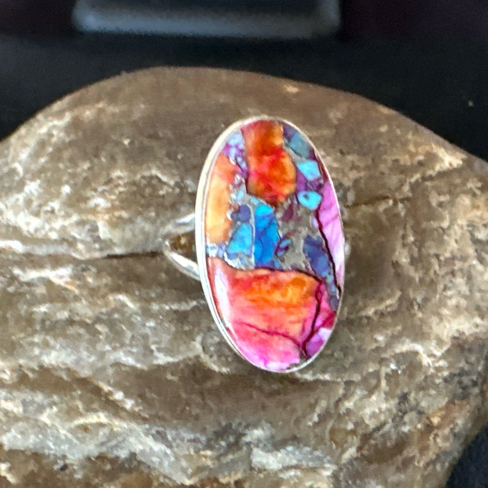 Blue Turquoise Spiny Oyster Southwestern Sterling Silver Ring Size 10 19057