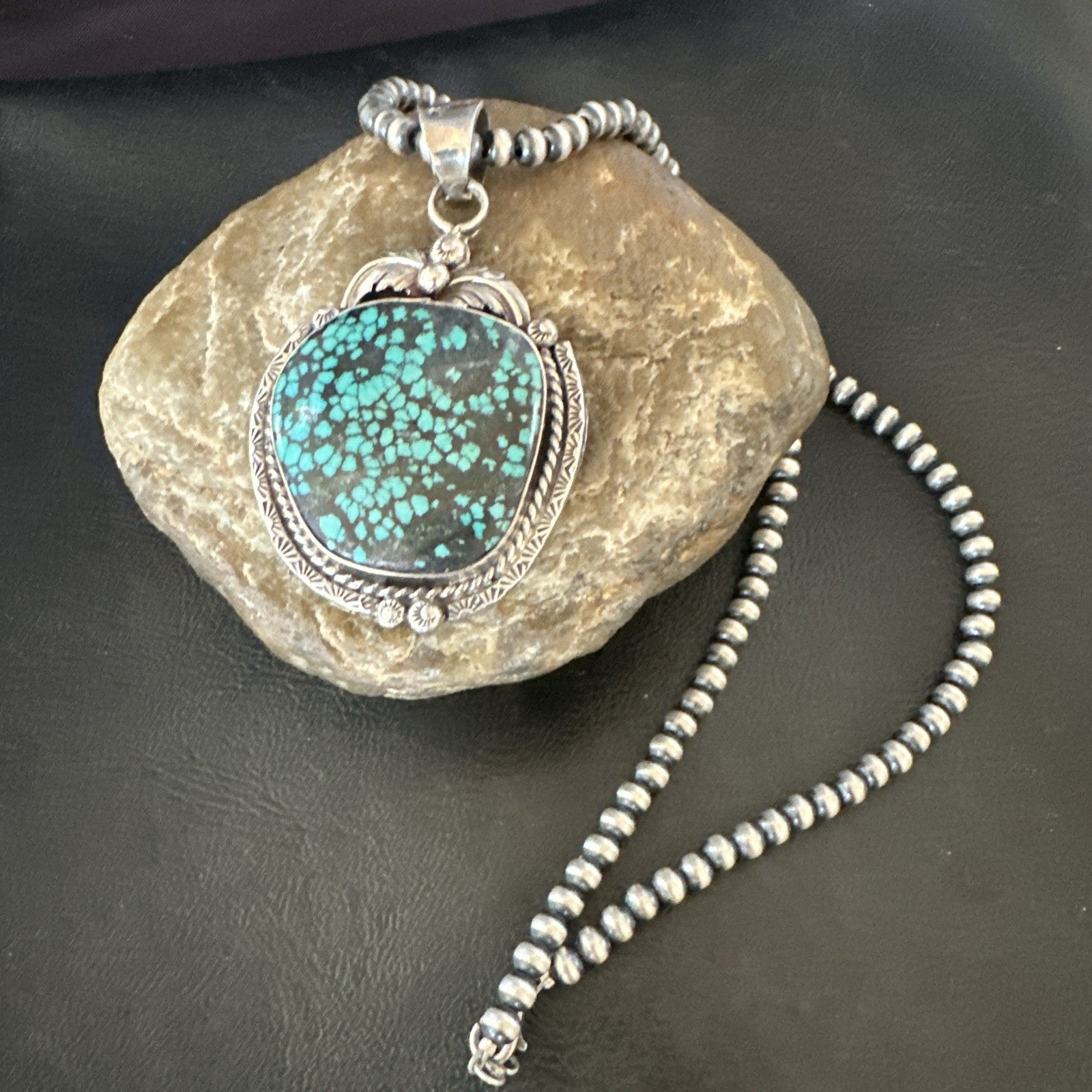WoMens Navajo Sterling Silver Blue Spiderweb Turquoise Necklace Pendant 19297