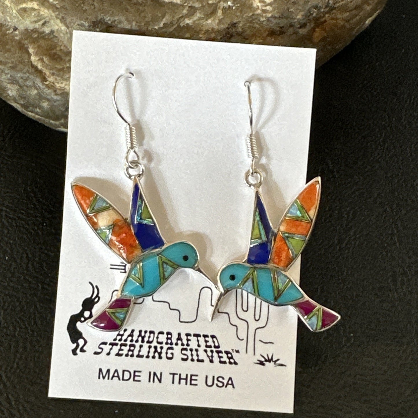 Blue Turquoise Spiny Opal Sterling Silver Hummingbird Dangle Earrings 19132