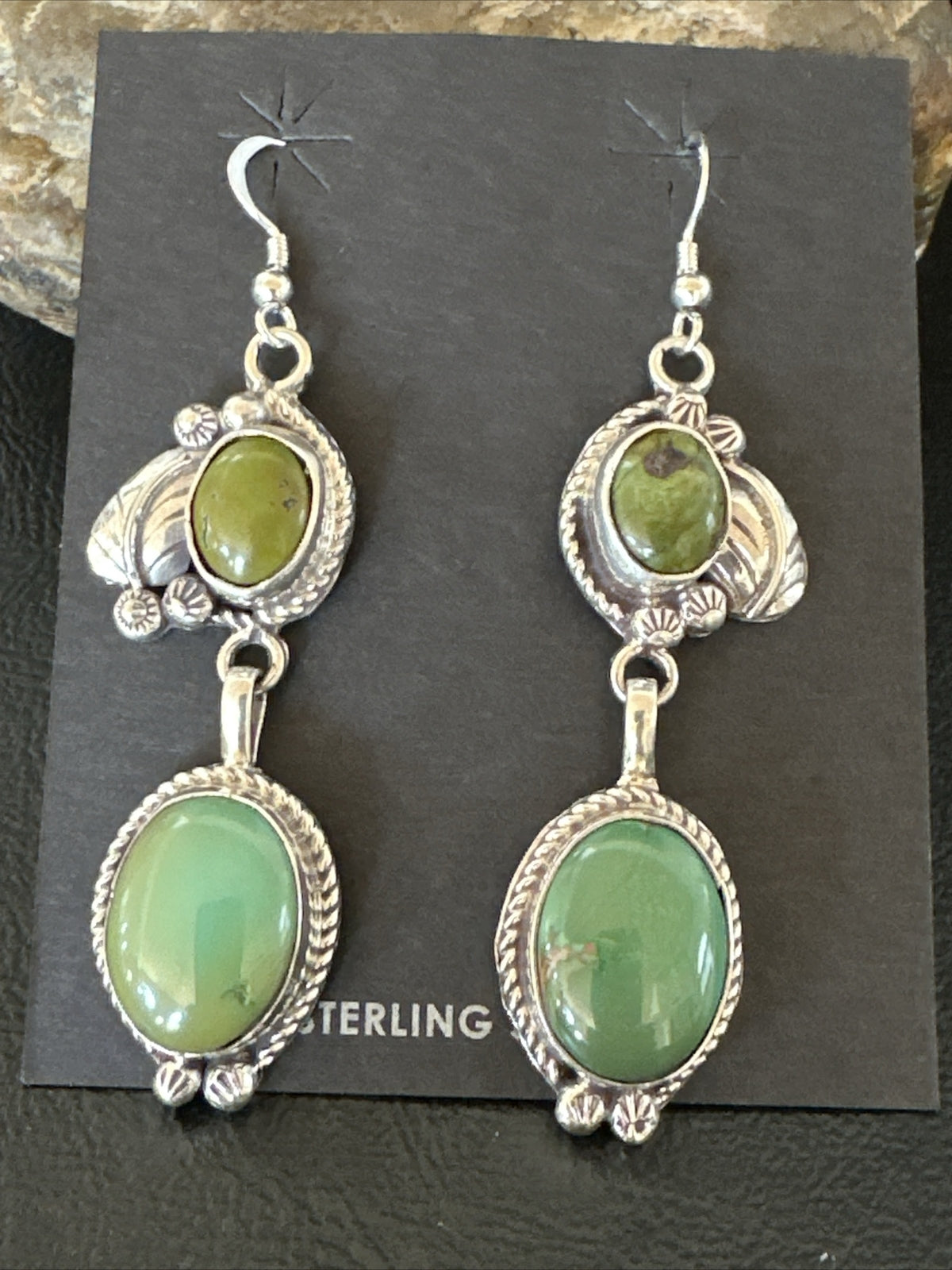 Native Navajo Green Turquoise Sterling Silver Dangle Earrings 2” 17694