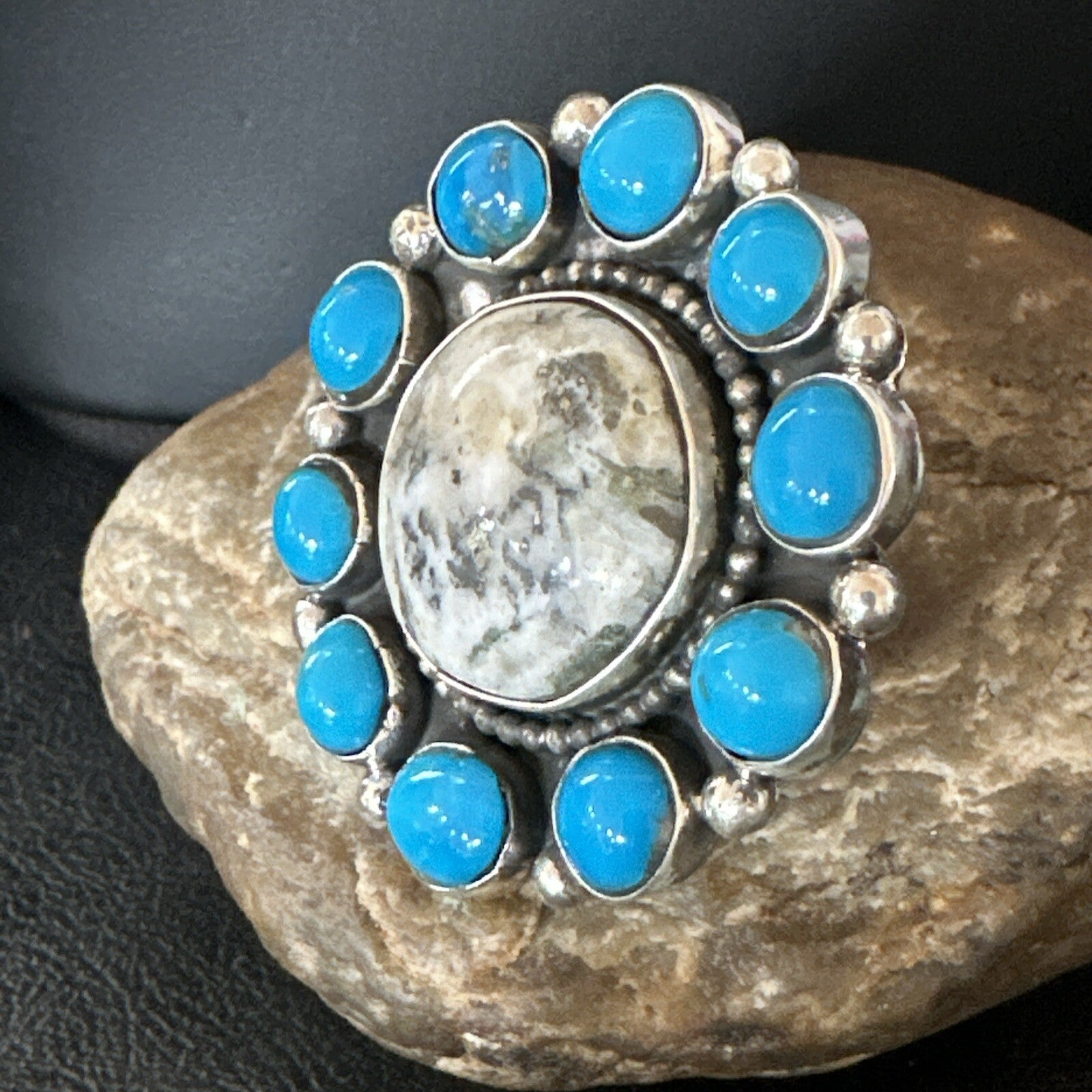 White Buffalo Kingman Turquoise Navajo Sterling Silver Cluster Ring Size 9 18396