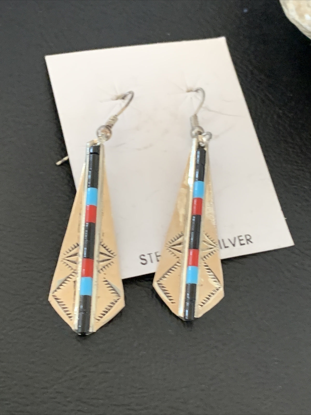 Turquoise & Coral Inlay Navajo Sterling Silver Earrings 1.5" 01710