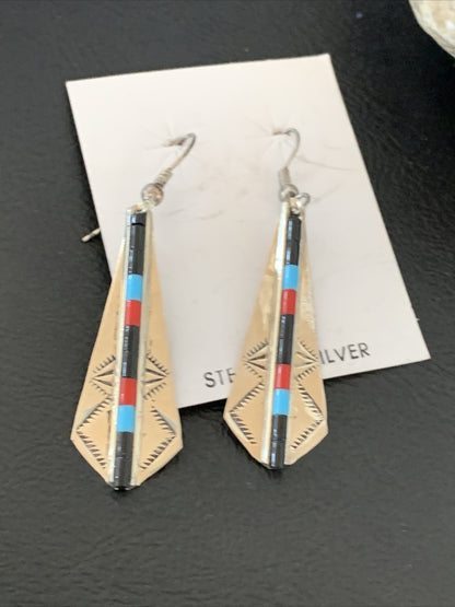 Turquoise & Coral Inlay Navajo Sterling Silver Earrings 1.5" 01710