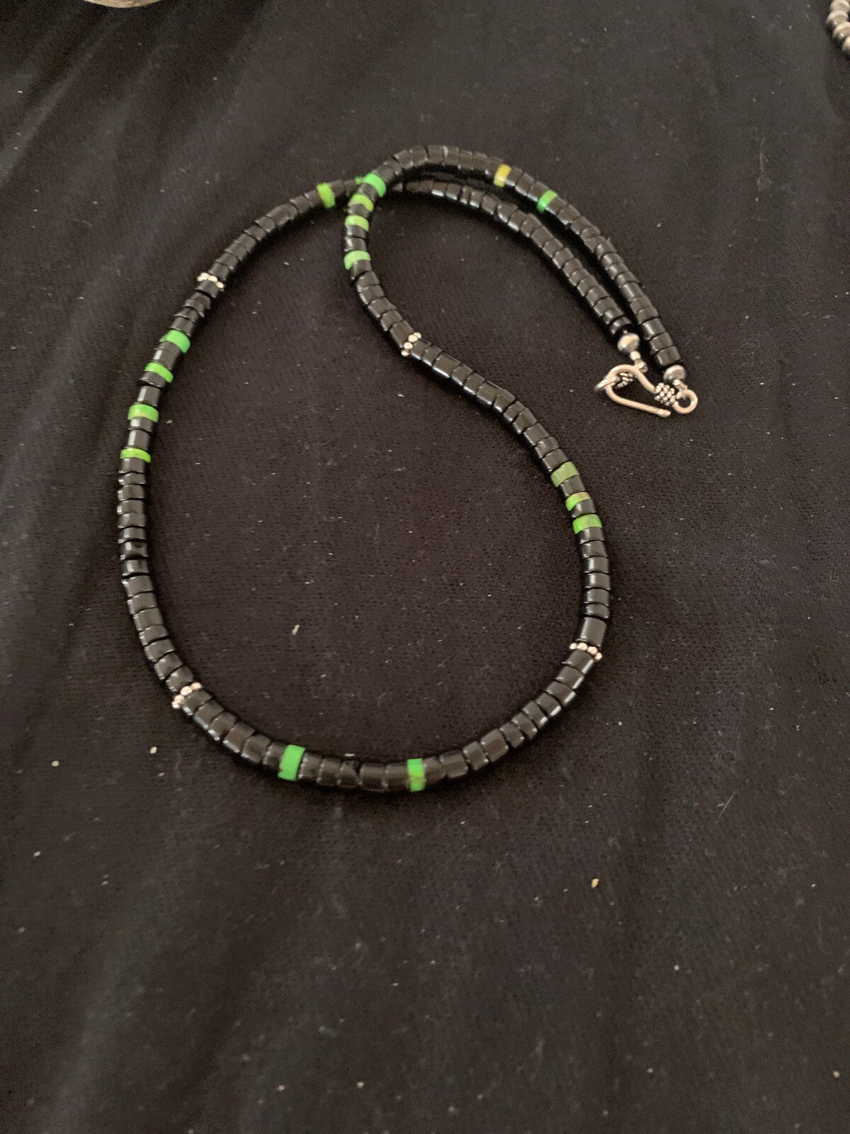 Native Green Turquoise & Onyx Heishi Navajo Sterling Silver Necklace 4687
