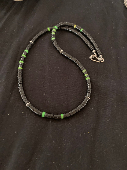 Native Green Turquoise & Onyx Heishi Navajo Sterling Silver Necklace 4687