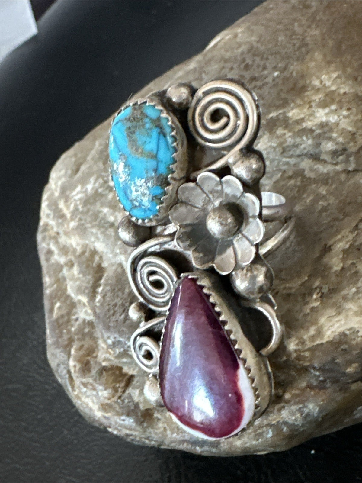 Cluster Kingman Turquoise Purple Spiny Navajo Sterling Silver Ring Sz 5.5 19105