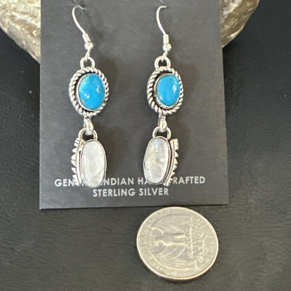 Navajo White MOP Blue Turquoise Sterling Silver Dangle Earrings 18185