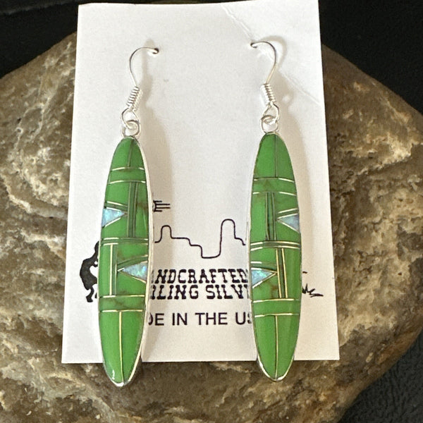 Green Gaspiete Southwestern Inlay Earrings 1.5" | Sterling Silver | Authentic Native American Handmade | 14933