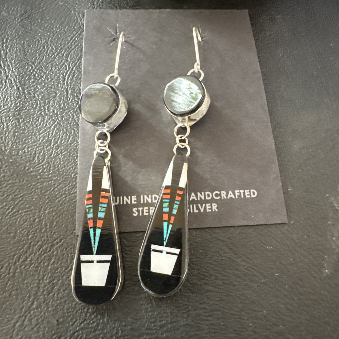 XL Navajo Onyx Turquoise Coral Inlay Earrings Sterling Silver Handmade 19774