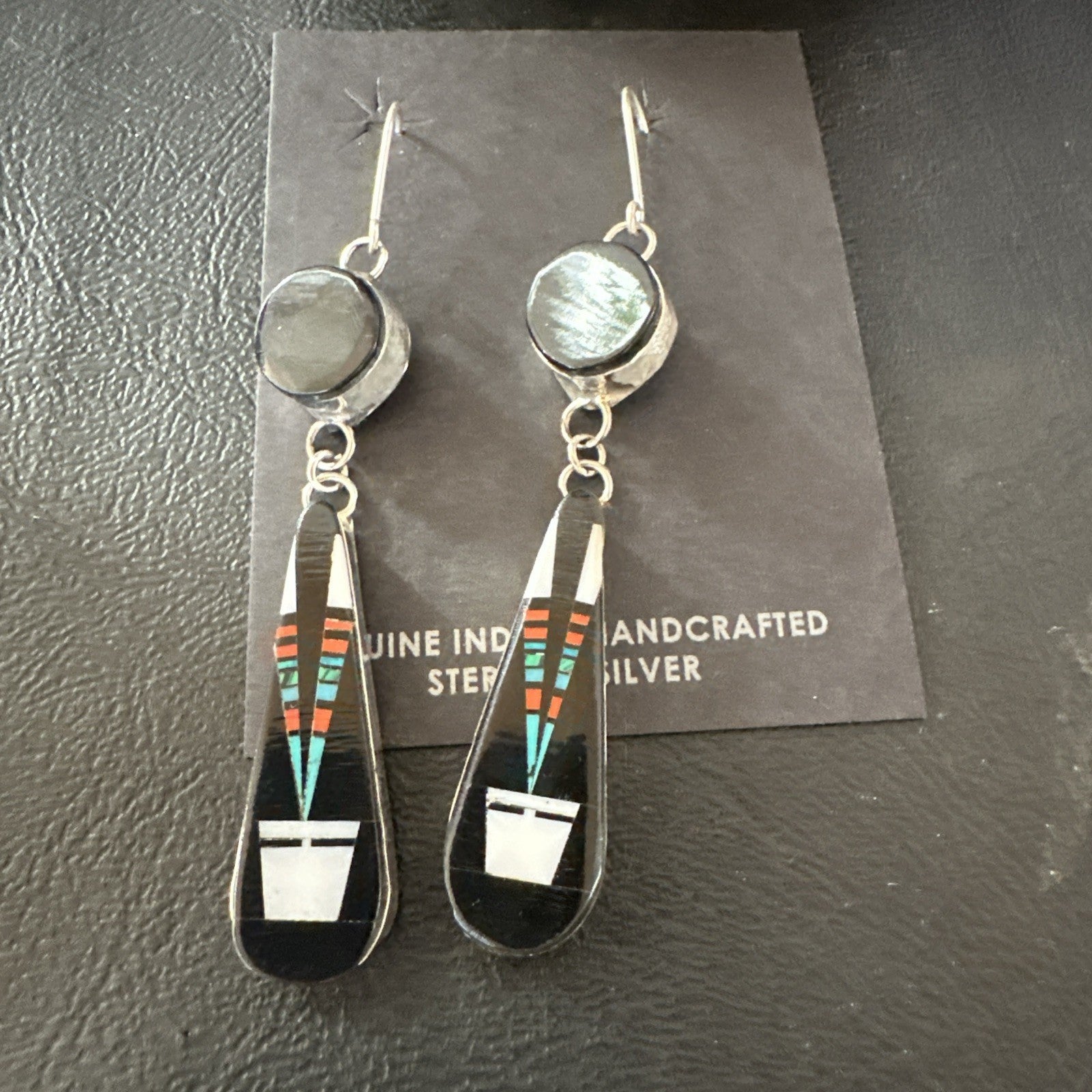 XL Navajo Onyx Turquoise Coral Inlay Earrings Sterling Silver Handmade 19774