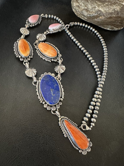 Multicolor Spiny Lapis Pendant Navajo Sterling Silver Lariat Necklace 28" 19438