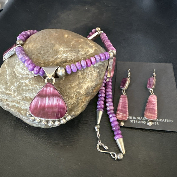Purple Stone Spiny Oyster Sterling Silver Necklace Earrings 20” 19088 J B