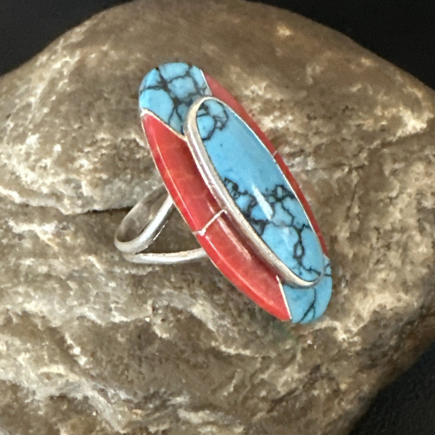 Blue Turquoise Coral Navajo Sterling Silver Ring Size 7.5 18765