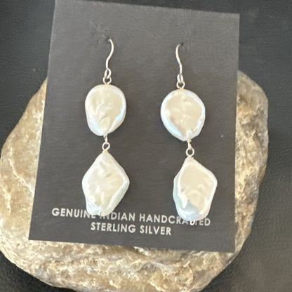 Beautiful White Sterling Silver Freshwater Pearl Dangle Earrings 1.5" 3077