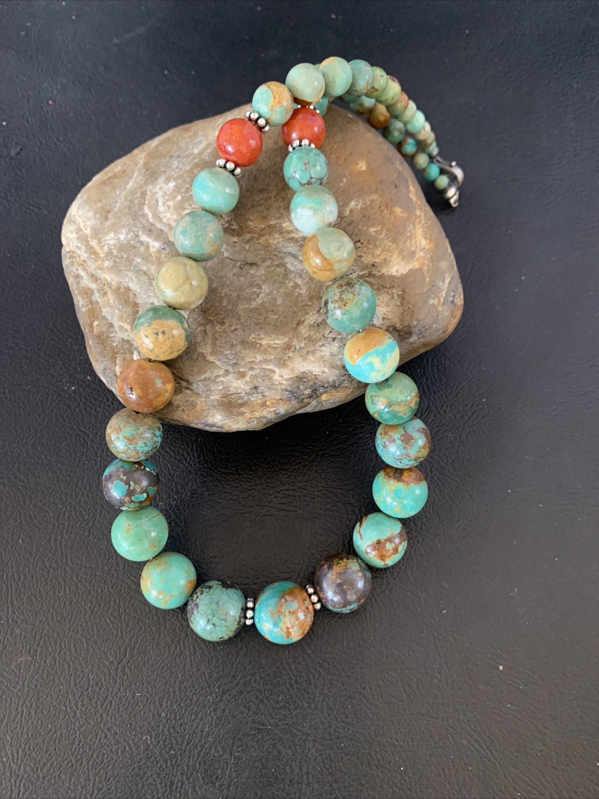 Green Turquoise Apple Coral Navajo Graduated Sterling SIlver Necklace 18" 13207N